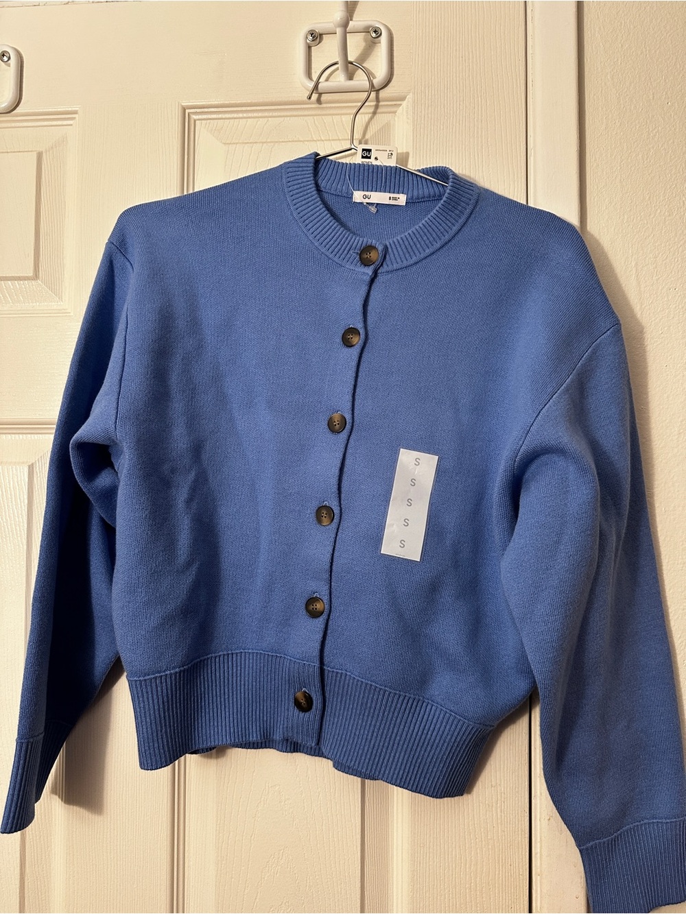 GU Blue Button-Front Crewneck Cardigan Sweater